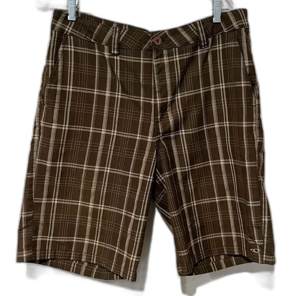 Oneill Shorts Mens 34 Brown Bermuda Plaid Flat Front Skater Surf Casual - Men's